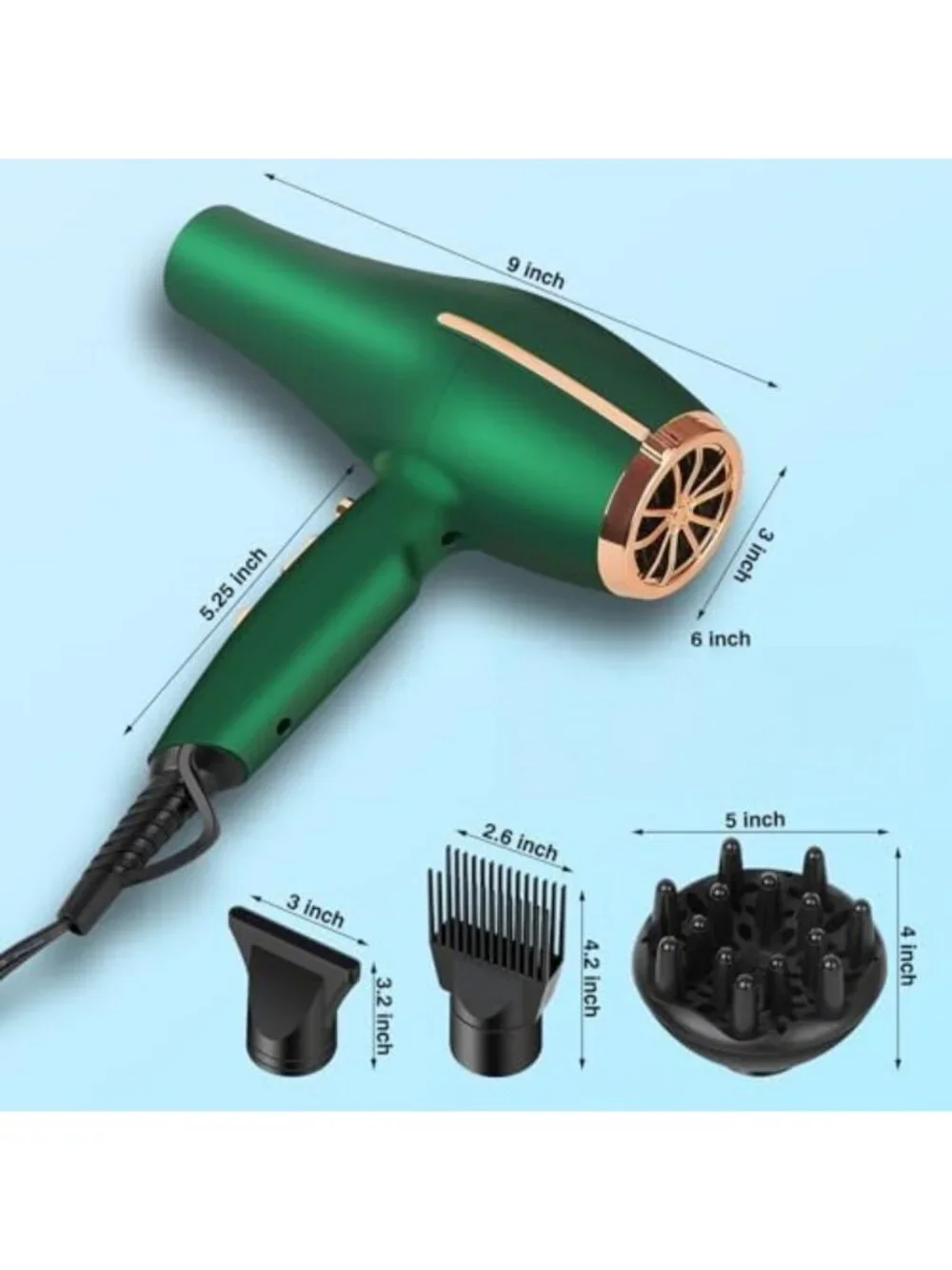 2000W Ionic Hair Dryer - Professional Low Noise Blow Dryer with Diffuser, 3 Heat